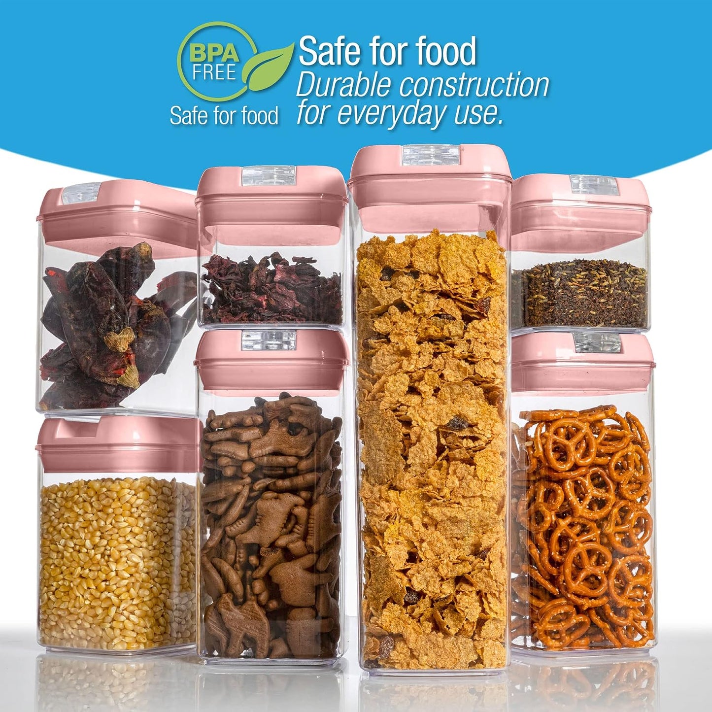 Set of 7 Airtight Food Storage Containers - Pantry Organizer Bins, BPA Free Plastic Containers plus Dry Erase Marker and Labels, White