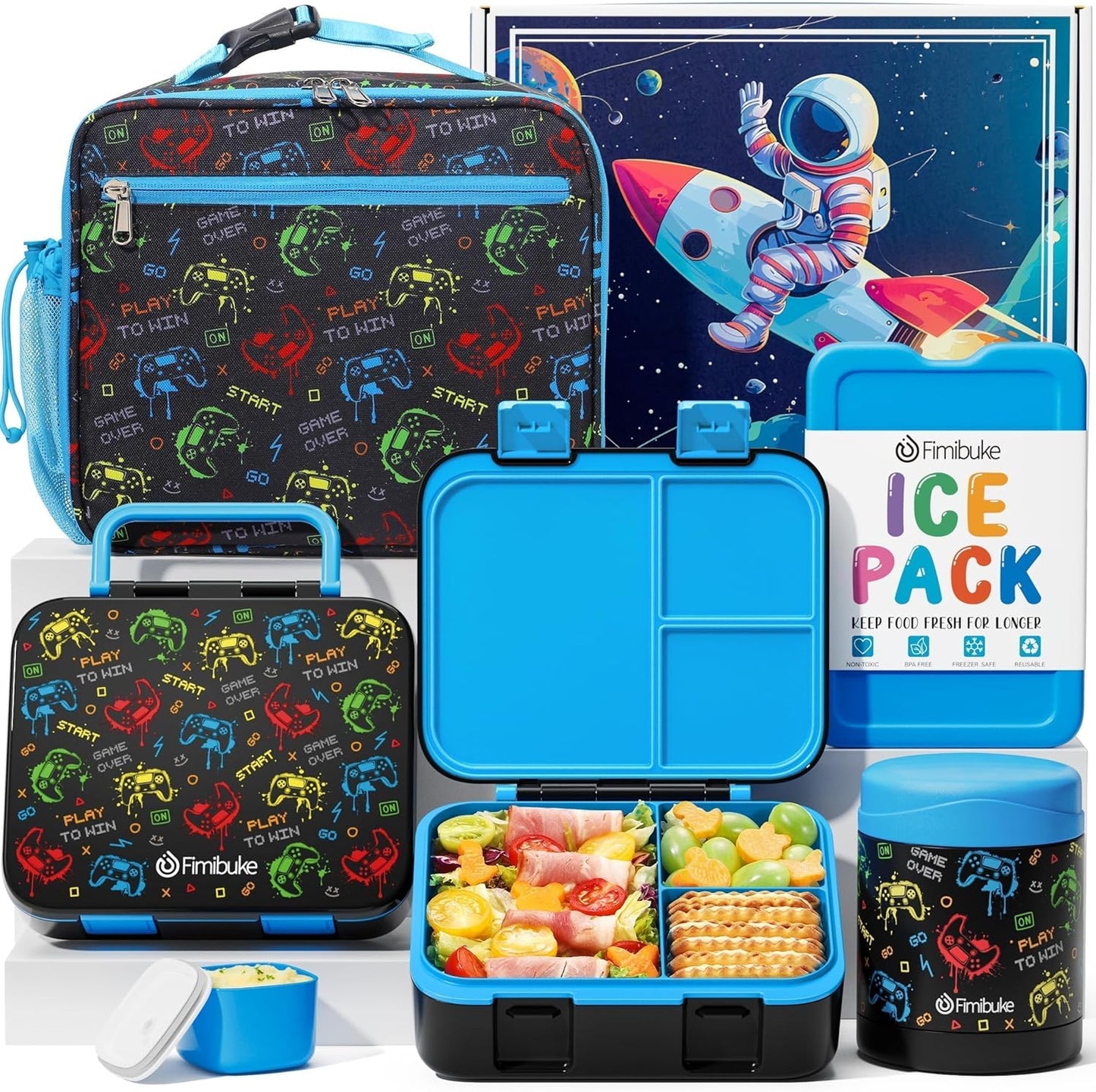 Fimibuke Bento Lunch Box for Kids with Food Jar, 3-Compartment 32OZ Snack Lunch Container, Lunch Bag, 12OZ Insulated Food Jar & Ice Pack Set for Age 3-12 School Daycare Toddler Teen Girls Boy, Fairies