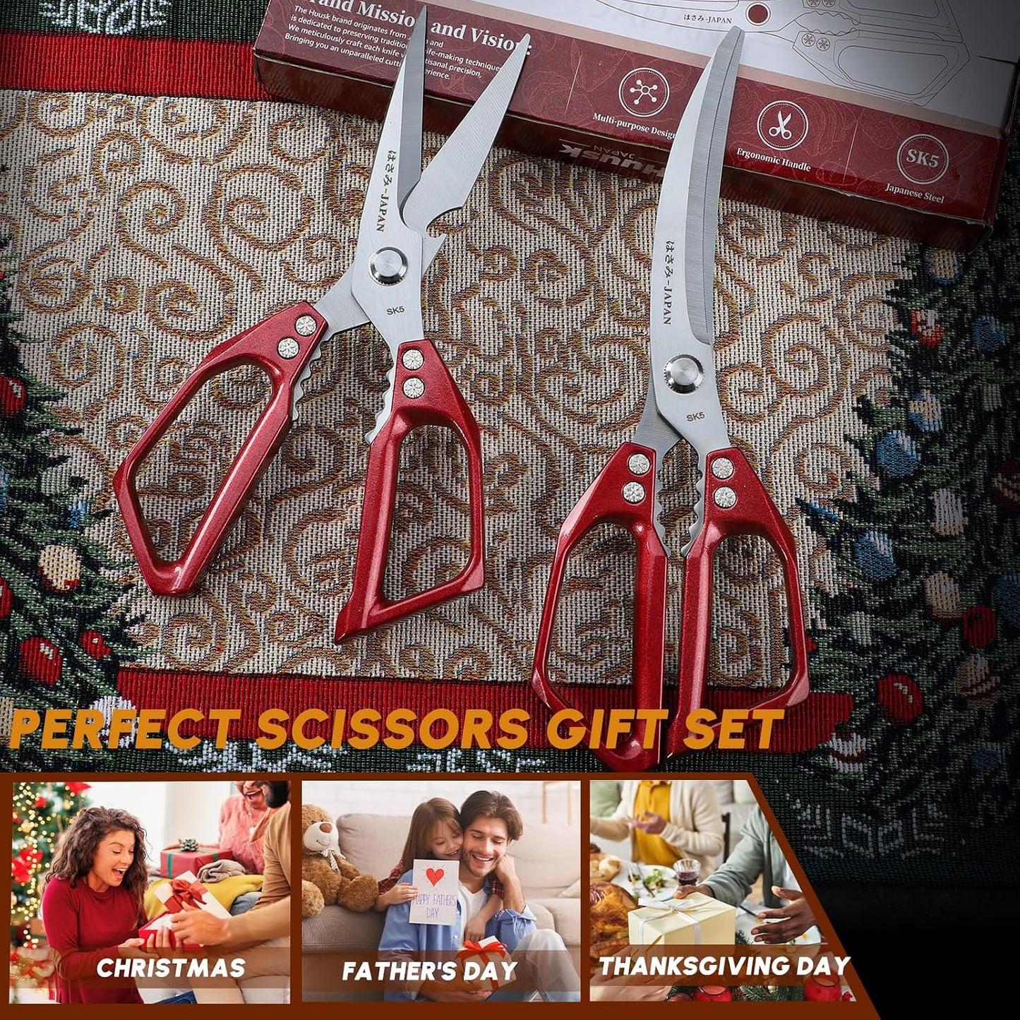 HUUSK Kitchen Scissors Set Silver - Stainless Steel Kitchen Shear, Sharp Meat Scissors, Heavy Duty Poultry Shears, Japanese Cooking Scissor for Food, Gifts for Men Women