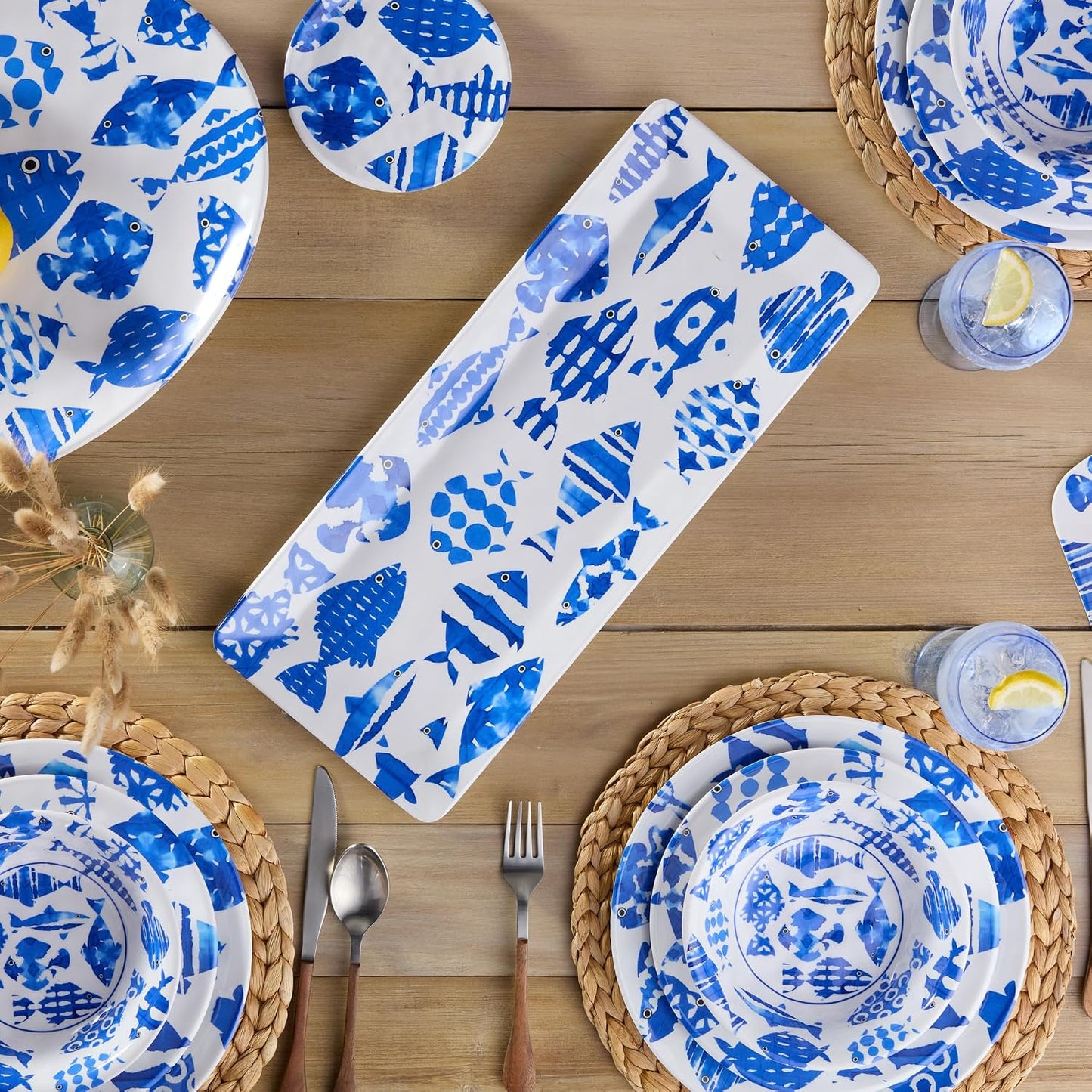 Fish Tale 3pc MELAMINE HOSTESS SET – 14.5" Chip Dip, Relish Tray, 19x8" Platter, Cobalt Fish School Art, Shatterproof Outdoor Entertaining, Poolside Party Serving, Mediterranean Coastal Hospitality