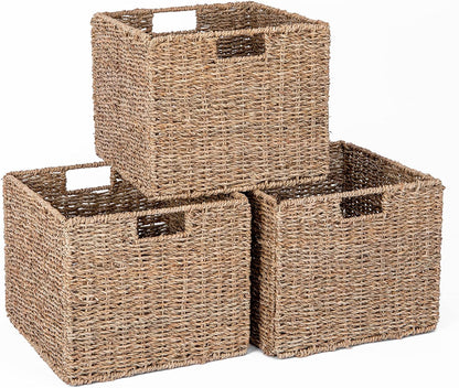12x12x10in Water Hyacinth Storage Basket Large, Folding Cube Woven Wicker Storage Basket for Shelves, Pantry Baskets Organization and Storage, Kitchen Storage Baskets, Large Rattan Basket Set of 3