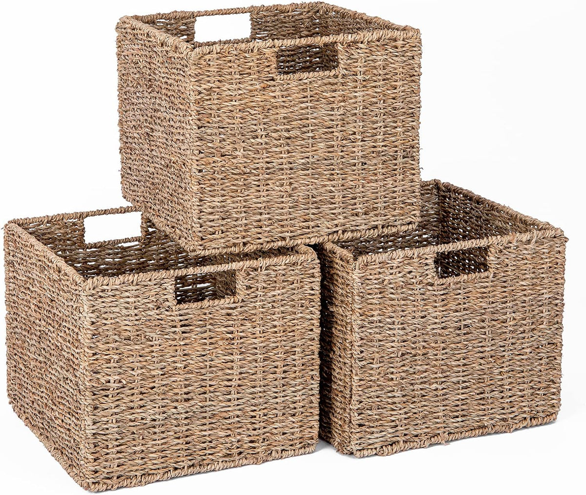 12x12x10in Water Hyacinth Storage Basket Large, Folding Cube Woven Wicker Storage Basket for Shelves, Pantry Baskets Organization and Storage, Kitchen Storage Baskets, Large Rattan Basket Set of 3