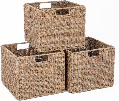 12x12x10in Water Hyacinth Storage Basket Large, Folding Cube Woven Wicker Storage Basket for Shelves, Pantry Baskets Organization and Storage, Kitchen Storage Baskets, Large Rattan Basket Set of 3