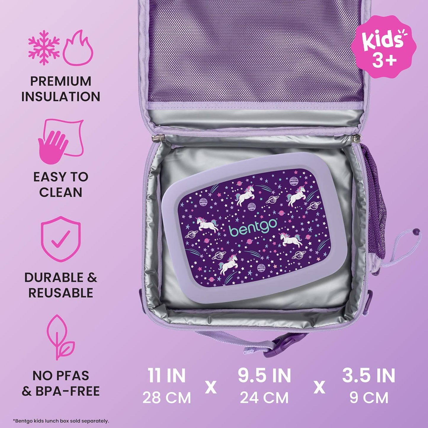 Bentgo Kids Lunch Bag - Durable, Double-Insulated Lunch Bag for Kids 3+; Holds Lunch Box, Water Bottle, & Snacks; Easy-Clean Water-Resistant Fabric & Multiple Zippered Pockets (Mermaid)