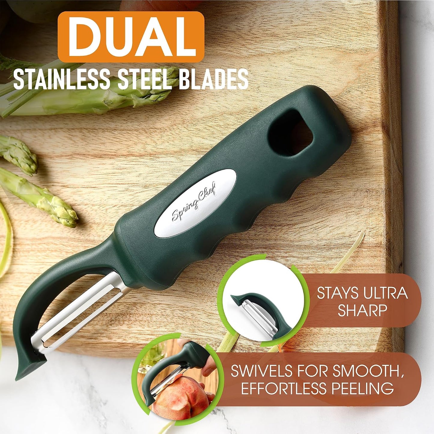 Spring Chef Premium Swivel Vegetable Peeler, Soft Grip Handle and Ultra Sharp Stainless Steel Blades - Perfect Kitchen Peeler For Veggie, Fruit, Potato, Carrot, Apple - Mango
