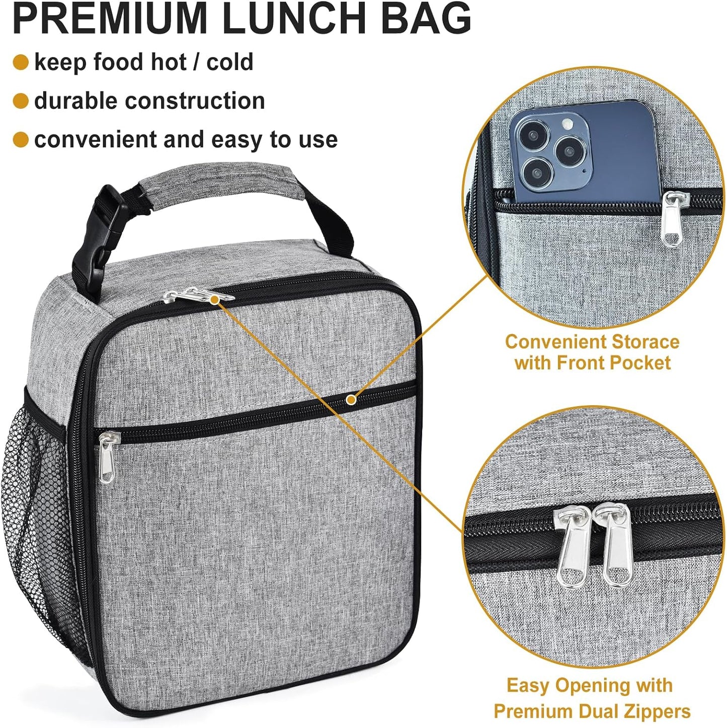 Insulated Lunch Bag, Leakproof Portable Lunch Box for Women Men Boys Girls, Large Capacity Cooler Bag with Handle and Bottle Pocket for Office School Camping Hiking Outdoor Beach Picnic (Black)
