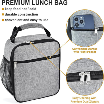 Insulated Lunch Bag, Leakproof Portable Lunch Box for Women Men Boys Girls, Large Capacity Cooler Bag with Handle and Bottle Pocket for Office School Camping Hiking Outdoor Beach Picnic (Black)