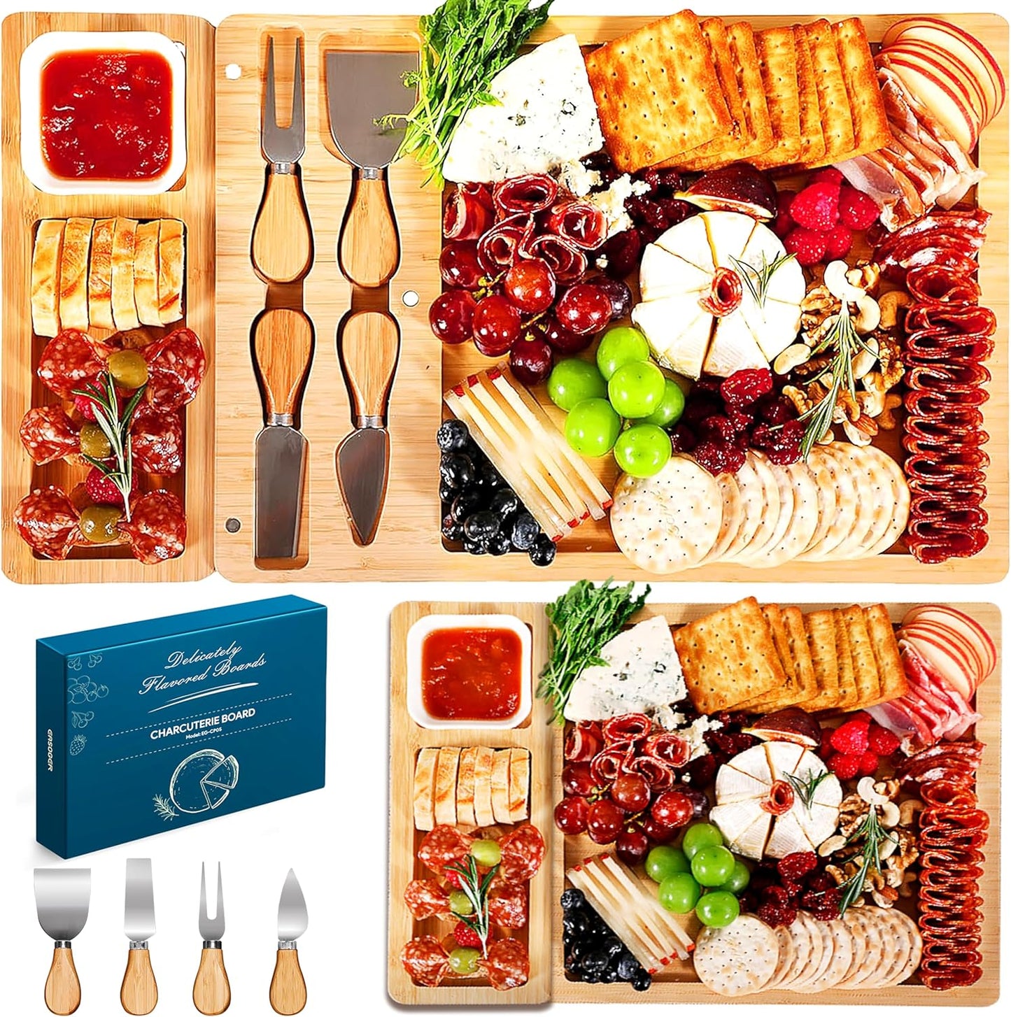 Easoger Large Bamboo Charcuterie Boards, Cheese Board and Knife Set - Unique Housewarming, Wedding and Bridal Gift