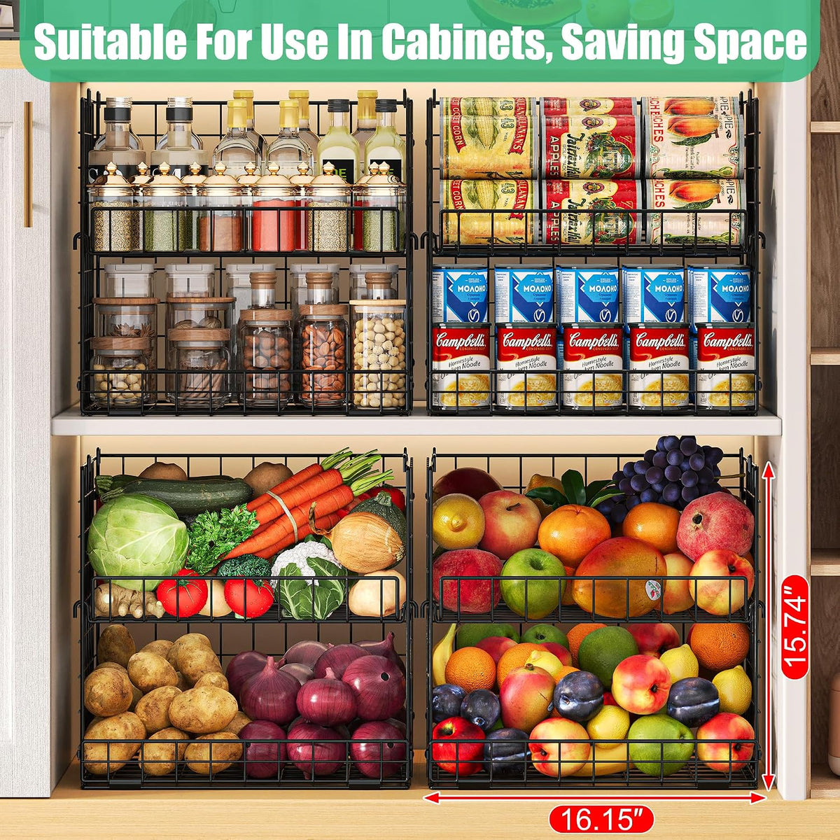 JKsmart 8-Tier Stackable Wire Basket, Can Organizer for Pantry Kitchen, XXL Metal Storage Shelves with Dividers & Handles, Easy Assembly Space Saving Storage Bins for Snacks Fruits Veggies
