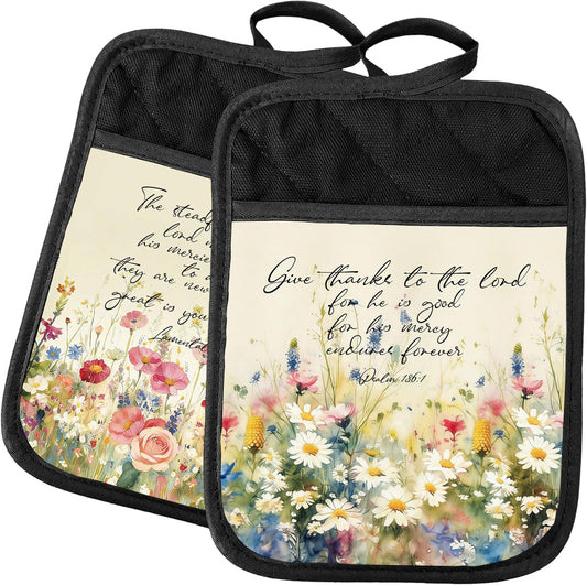 Wildflower Christian 2 Pcs Pot Holders with Pocket, Rustic Cottagecore Floral Bible Verse Religious Heat Resistant Potholders Hot Pad for Kitchen Baking Cooking