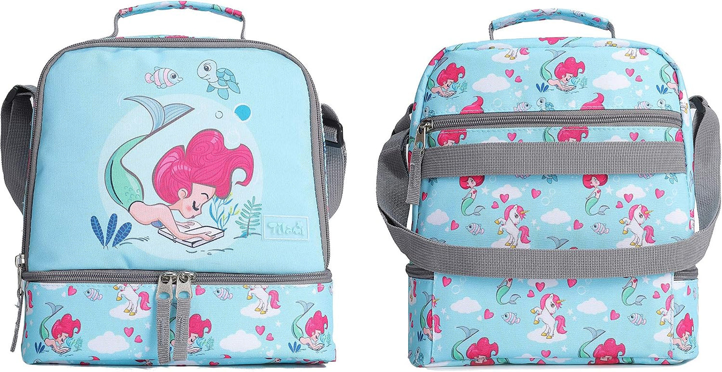 Tilami Lunch Bags Insulated Adjustable Strap Zipper, Two Compartments Cooler Bags, Bento Bags for Kids Toddlers (Blue)