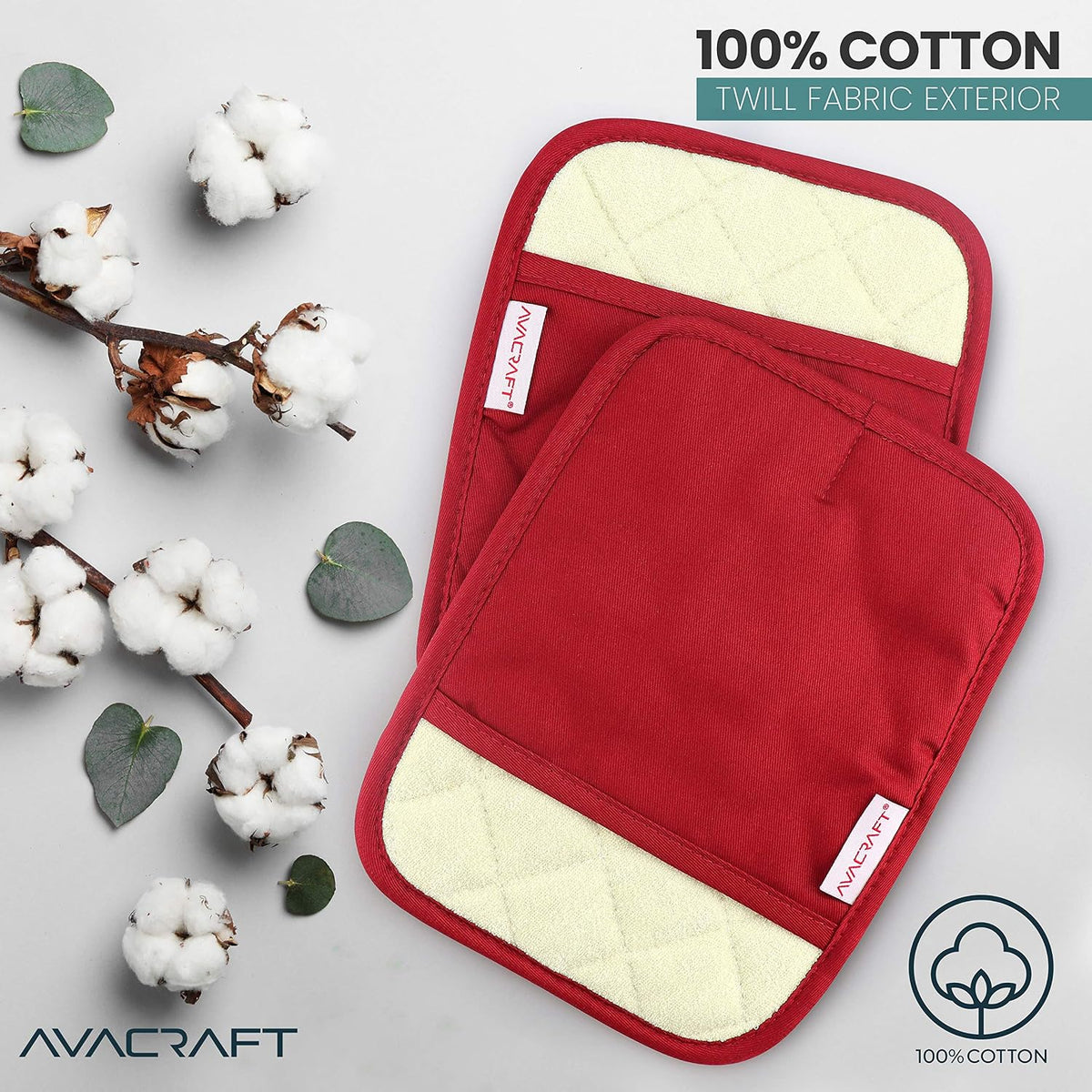 AVACRAFT Oven Mitts Pair, Flexible, 100% Cotton with Unique Heat Resistant Food Grade Silicone, Thick Terry Cloth Interior, 500 F Heat Resistant (Red Oven Mitts)