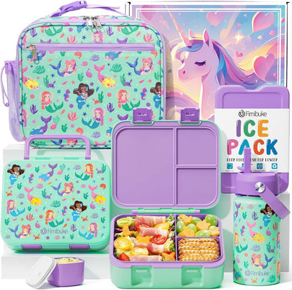 Fimibuke Bento Lunch Box for Kids - Toddler Snack Bento Box Container with 3 Compartments, Stainless Steel Water Bottle, Insulated Lunch Bag, Ice Pack Set for Ages 3-12 Girl Boy Daycare Back to School