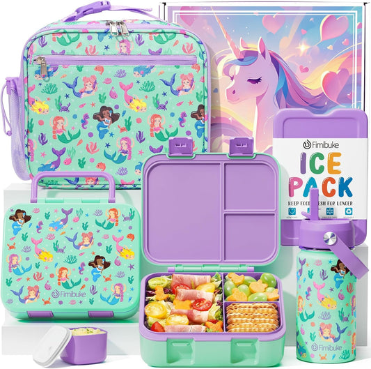 Fimibuke Bento Lunch Box for Kids - Toddler Snack Bento Box Container with 3 Compartments, Stainless Steel Water Bottle, Insulated Lunch Bag, Ice Pack Set for Ages 3-12 Girl Boy Daycare Back to School