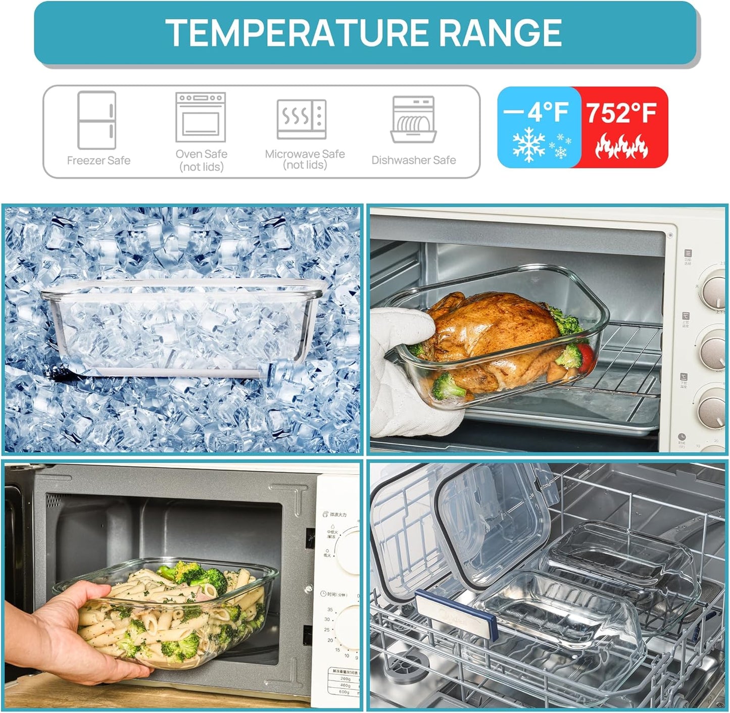 Vtopmart 2Pack 2260ml/ 76.4oz Large Glass Containers Food Storage with Lids, Meal Prep Food Container Set with Snap Airtight Lid for Baking, Microwave, Oven, Leak Proof, for Freezer, Dishwasher, Green