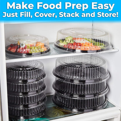 Avant Grub Heavy Duty, Recyclable 12 in. Serving Tray and Lid 5pk. Large, Black Plastic Party Platters with Clear Lids Dishware Plate, Elegant Round Banquet or Catering Trays for Serving Appetizers