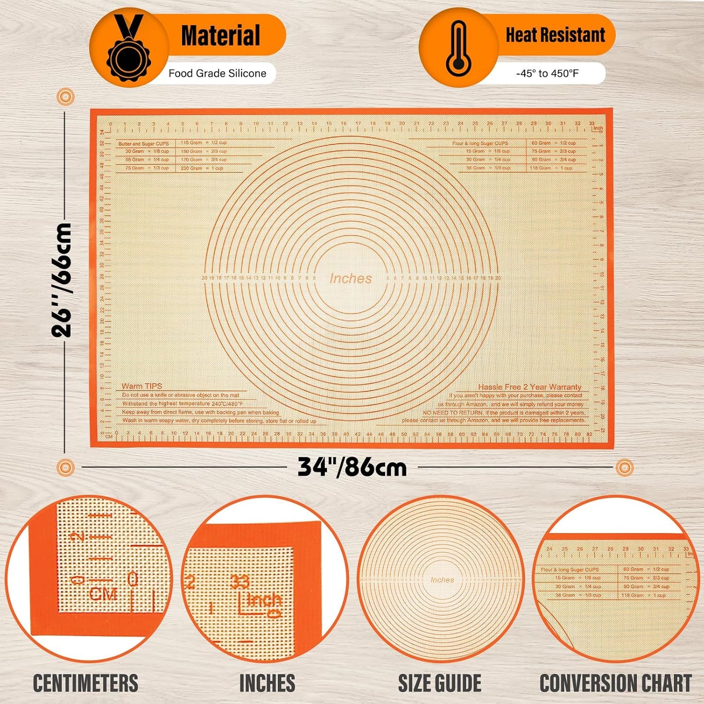 Silicone Pastry Mat 36x24 Inch Nonstick Baking Mat -Perfect for Dough, Pastry, Dough Rolling, Kneading Board, Pie Crust, Fondant, Pasta/Pizza, Kitchen Counter Mat