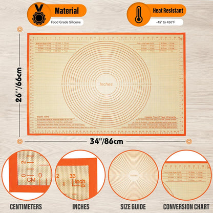 Silicone Pastry Mat 36x24 Inch Nonstick Baking Mat -Perfect for Dough, Pastry, Dough Rolling, Kneading Board, Pie Crust, Fondant, Pasta/Pizza, Kitchen Counter Mat