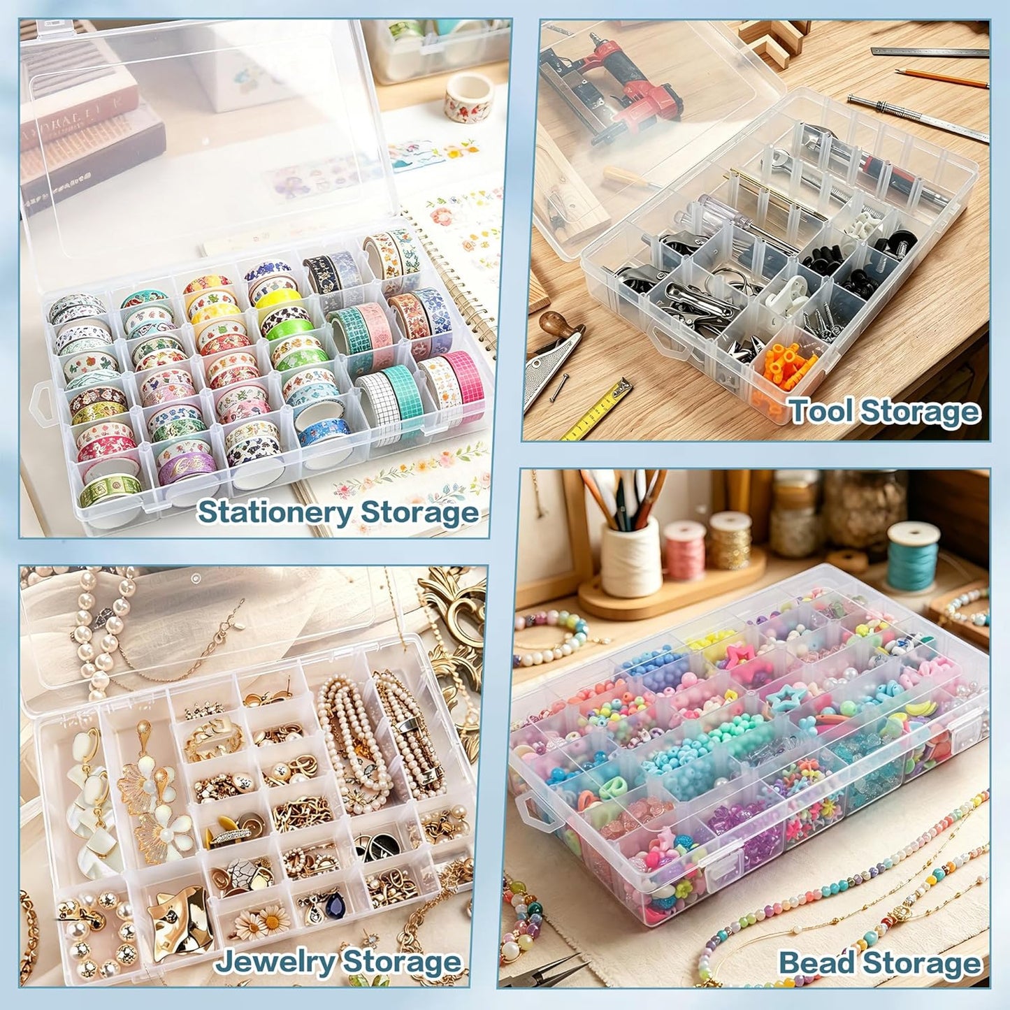 DILIBRA 5 Pack 36 Grids Large Plastic Organizer Box with Adjustable Dividers, Clear Craft Organizers Bead Organizers with Label Stickers, Compartment Container for Beads Crafts Jewelry Fishing Tackles