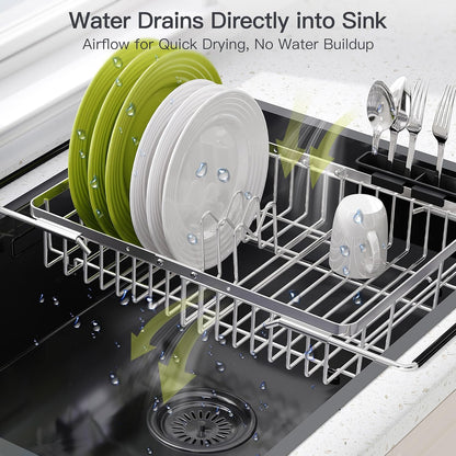 JASIWAY Dish Drying Rack in Sink, Expandable Stainless Steel Dish Drainers for Kitchen Counter, Dish Dryer Rack for Inside Sink, Over The Sink Dish Racks with Utensil Holder, Silver