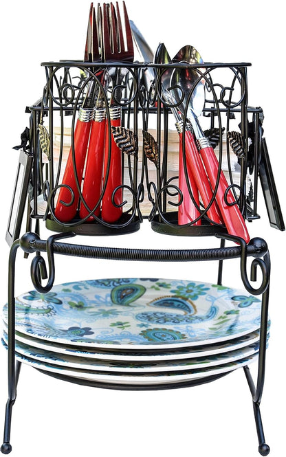 Portable Utensil Caddy for Parties, Elegant Leaf Design Buffet & Silverware Organizer with Napkin Holder, Stainless Steel Plate Storage Caddy for Camping, BBQ & Outdoor Dining