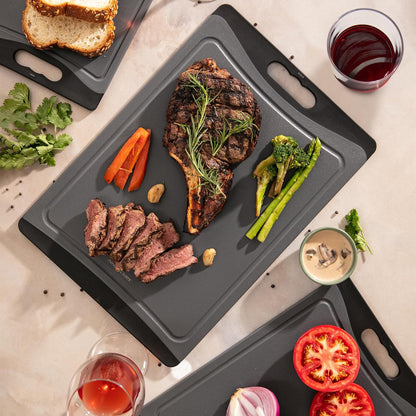 Plastic Cutting Boards for Kitchen (Gray/Black) - 3-Pack of Non-Slip and Reversible Plastic Cutting Board Set for Easy Slicing - Knife-Friendly Chopping Board Set with Juice Grooves