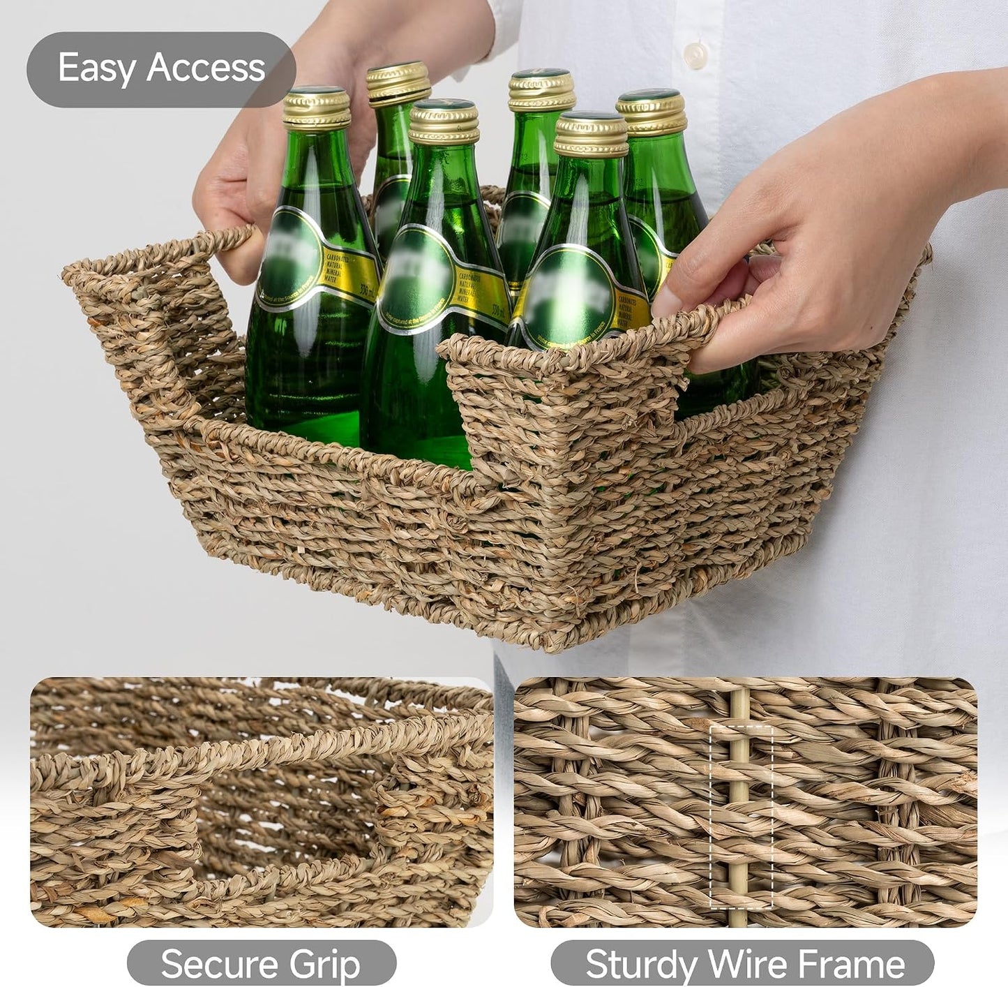 StorageWorks Water Hyacinth Baskets for Organizing with Built-in Handles, Stackable Wicker Pantry Baskets for Shelf, Pantry Organizers and Storage for Shelves,2-Pack