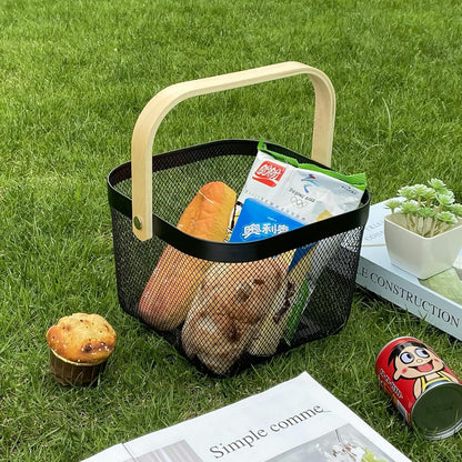 AJIODA Metal Mesh Wire Basket, Large Steel Basket with Wooden Handle Storage Organizer Basket Multi-functional Hanging Kitchen Baskets Fruit Baskets for Kitchen Bathroom Cabinet Pantry Snacks, Black