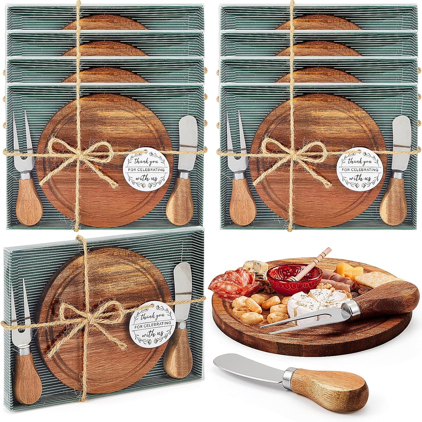 Maxcheck 6 Sets Baby Shower Bridal Game Prizes for Winners Round Cheese Board Set Wood Mini Charcuterie Board with Knives and Forks Thank You Card with Gift Box for Guests Wedding (Bamboo)