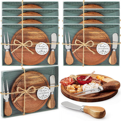 Maxcheck 6 Sets Baby Shower Bridal Game Prizes for Winners Round Cheese Board Set Wood Mini Charcuterie Board with Knives and Forks Thank You Card with Gift Box for Guests Wedding (Bamboo)
