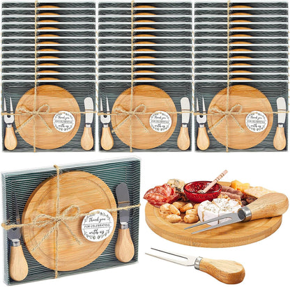Maxcheck 6 Sets Baby Shower Bridal Game Prizes for Winners Round Cheese Board Set Wood Mini Charcuterie Board with Knives and Forks Thank You Card with Gift Box for Guests Wedding (Bamboo)