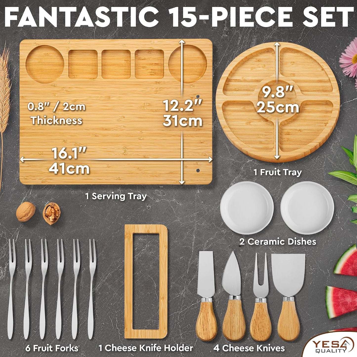 Charcuterie Boards Cheese Board Premium Gift Set - 23 Pieces, Bamboo - Large Size Plus Fruit Tray with Utensil Drawer, Knives, Forks, Wine Opener for Birthday Present, Housewarming, Wedding Shower