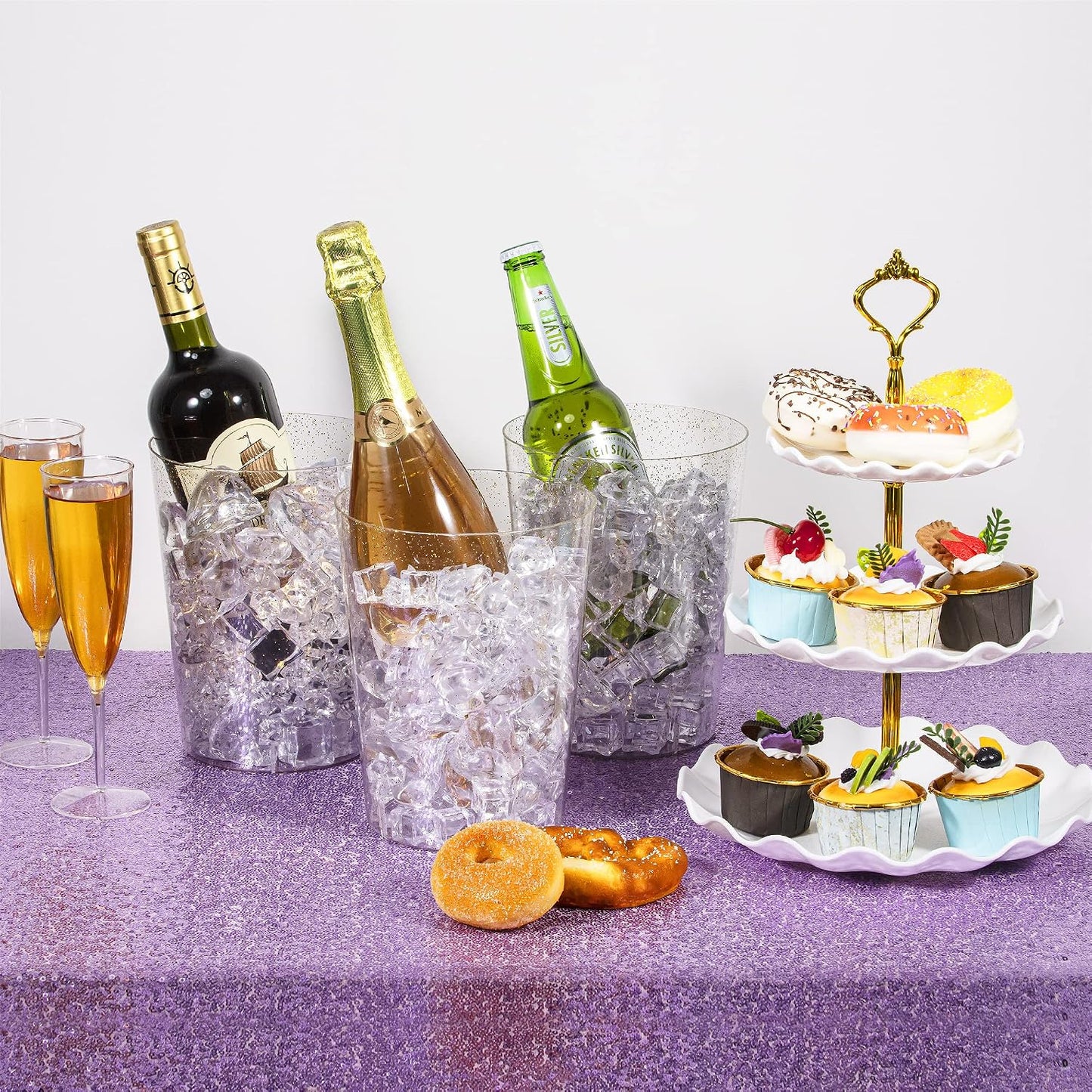 Tiawudi 12 Pack Plastic Ice Bucket For Parties, Silver Glitter Clear Wine Cooler for Wedding, Good as One Large Champagne Chiller Or Classic Wine Bottle Chiller
