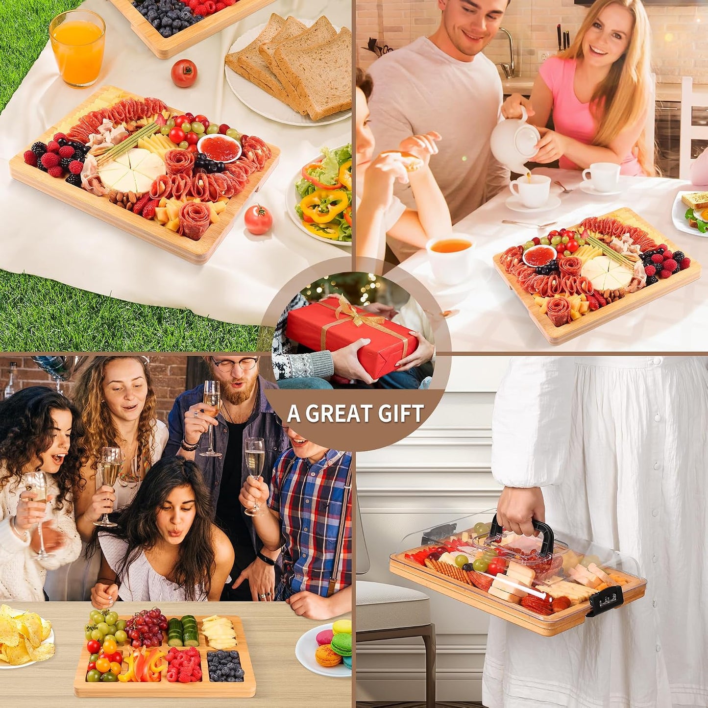 CAWIU Portable Travel Charcuterie Board with Lid and Handle - Large Bamboo Cheese Board with 4 Cheese Knife Set for Outdoor, Picnics - Weddings, House Warming Gift for Women (1 Compartment, White)