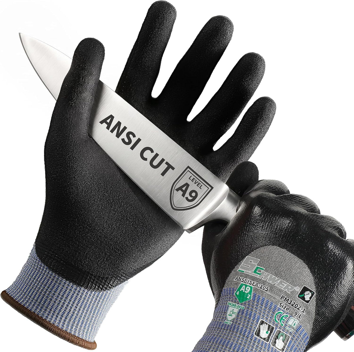 Schwer A9 Cut Resistant Work Gloves, 3/4 Double-Dipped Coating, PM3202, L