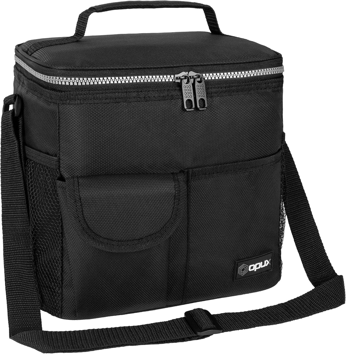 opux Insulated Lunch Bag for Men Women, Leakproof Black Lunch Box for Work, Portable Soft Lunch Cooler Bag with Shoulder Strap, Adult Lunchbox Lunch Pail for Kid Boy Girl School, 14 Can/8L