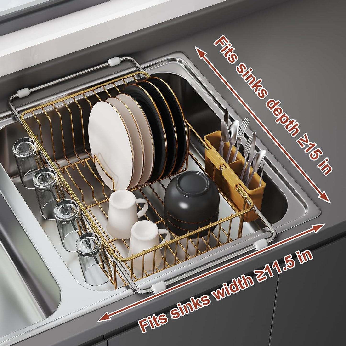 JASIWAY Dish Drying Rack in Sink, Expandable Stainless Steel Dish Drainers for Kitchen Counter, Dish Dryer Rack for Inside Sink, Over The Sink Dish Racks with Utensil Holder, Silver