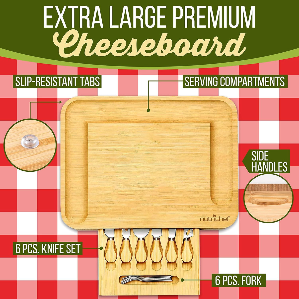NutriChef Organic Bamboo Cheese & Charcuterie Board Set, Extra Large Serving Platter with Stainless Steel Knives, Fork and Condiment Cup – Ideal for Kitchen, Parties & Gifting
