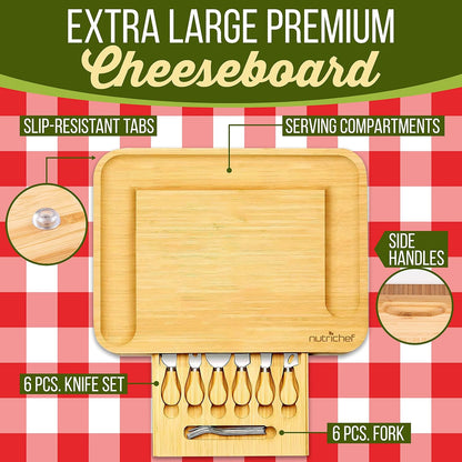 NutriChef Organic Bamboo Cheese & Charcuterie Board Set, Extra Large Serving Platter with Stainless Steel Knives, Fork and Condiment Cup – Ideal for Kitchen, Parties & Gifting