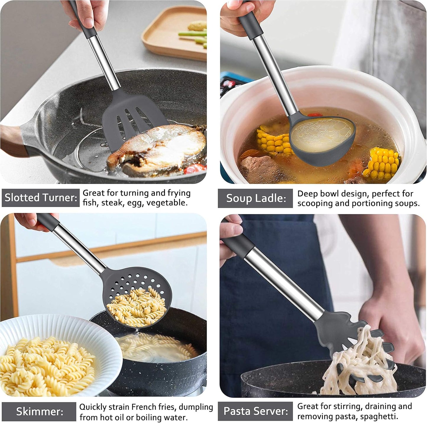 LIANYU 43 Pcs Silicone Kitchen Cooking Utensils with Holder, Heat Resistant Spatula Set with Stainless Steel Handle, Kitchen Cooking Gadgets Tools for Nonstick Cookware Set, Blue