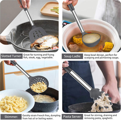 LIANYU 43 Pcs Silicone Kitchen Cooking Utensils with Holder, Heat Resistant Spatula Set with Stainless Steel Handle, Kitchen Cooking Gadgets Tools for Nonstick Cookware Set, Blue