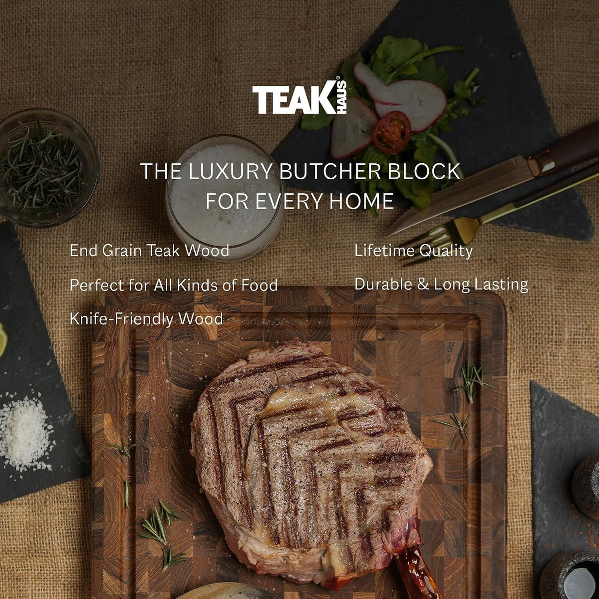 Teakhaus Thick End Grain Butcher Block with Juice Groove, Medium