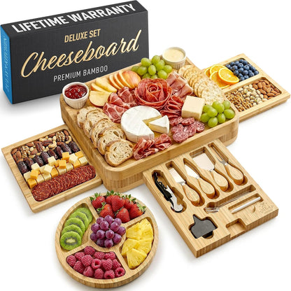 Zulay Kitchen Premium Bamboo Charcuterie Board - Extra Thick Bamboo Board with 4 Piece Knife Set - Perfect for Charcuterie, Wine and Cheese