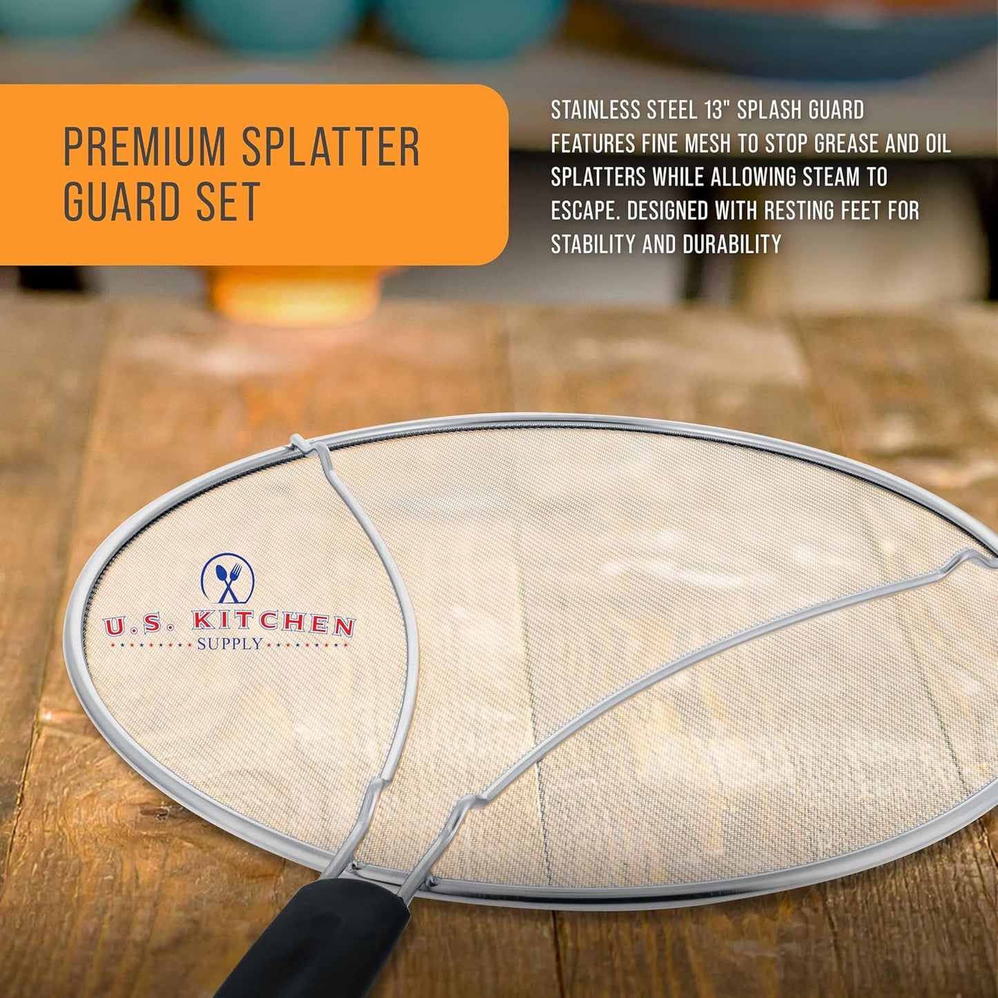 U.S. Kitchen Supply 3-Piece Stainless Steel Splatter Guard Set (13", 11.5", 9.5") Fine Mesh Cover, Grease & Oil, Splatter Screen for Frying Pan, Cooking Pots, with Resting Feet & Comfort Grip Handles