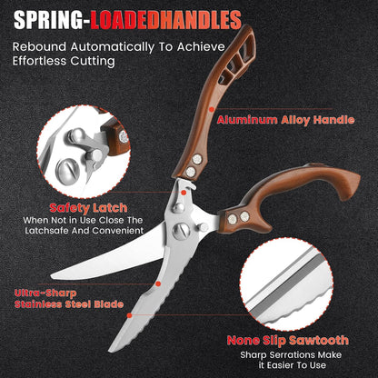 ANDONG Upgrade Heavy Duty Stainless Steel Kitchen Scissors - Professional Poultry Shears for Bone, Meat, Chicken, Fish, Turkey, Vegetables,Spring Loaded Multipurpose Ultra Sharp Utility Scissors