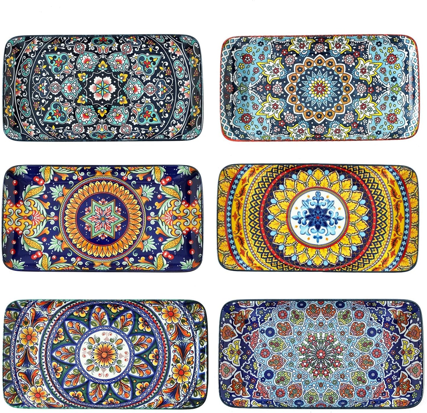 glowworm Porcelain Appetizer Plates Set of 6, 8.5 Inch Salad Plates for Sushi, Dessert, Rectangular Serving Platters, Serving Tray for Party, Kitchen, Microwave & Oven Safe, Bohemian