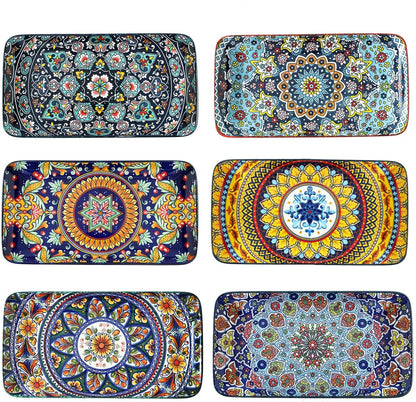 glowworm Porcelain Appetizer Plates Set of 6, 8.5 Inch Salad Plates for Sushi, Dessert, Rectangular Serving Platters, Serving Tray for Party, Kitchen, Microwave & Oven Safe, Bohemian