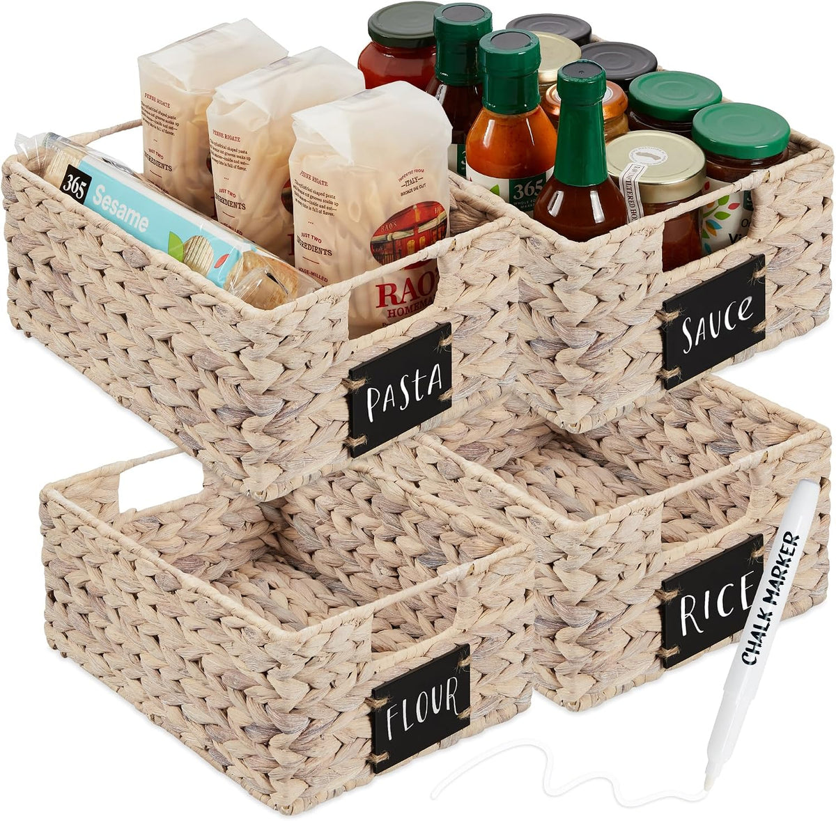 Best Choice Products Set of 4 9x12in Water Hyacinth Pantry Baskets, Woven Organizers w/Chalkboard Label, Chalk Marker - Natural