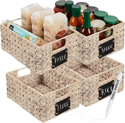 Best Choice Products Set of 4 9x12in Water Hyacinth Pantry Baskets, Woven Organizers w/Chalkboard Label, Chalk Marker - Natural