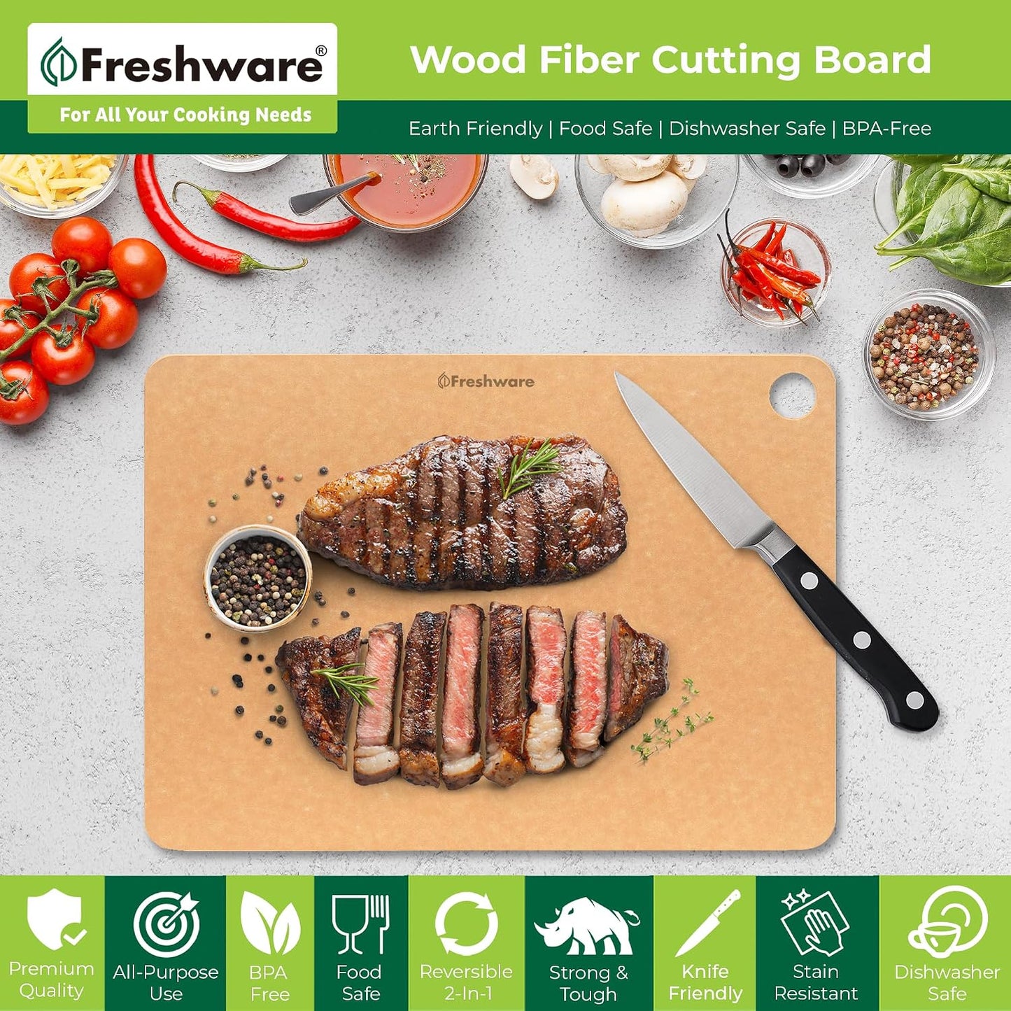 Freshware Wood Cutting Boards for Kitchen, Juice Groove, Non-Slip Silicone Feet, Dishwasher Safe, Medium 12" x 9" and Large, 15" x 11.25", Set of 2, Natural